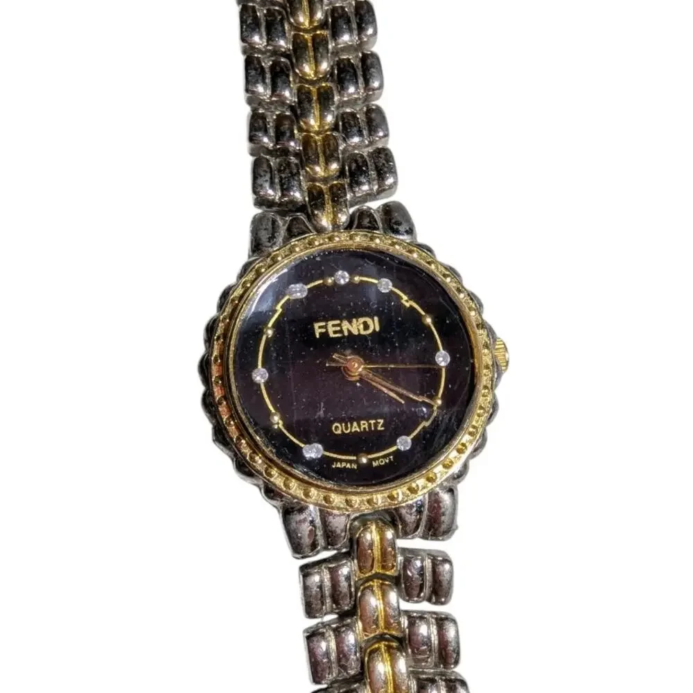 Vtg 1990s Fendi Two Tone Bracelet Faceted Crystal Quartz Watch Not Running